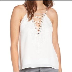 Wayf Posie Off White Lace Trimmed Lace Up Sheer Camisole Tank Top S